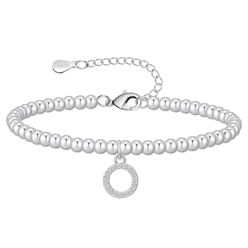 Image of BMMYE Sterling Silver Bracelet for Women Silver Beaded Bracelets for Women Circle Charm Bracelet Ladies Bracelets for Womens
