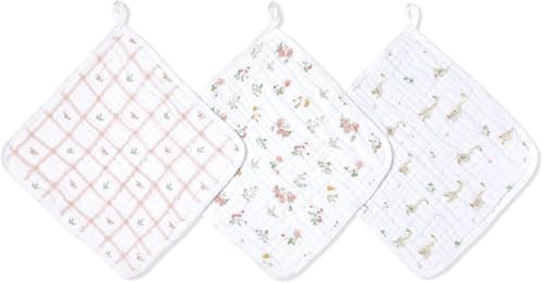 Image of aden + anais Essentials Classic Washcloth Set, Super Soft 100% Cotton Muslin, 3-Pack, Country Floral
