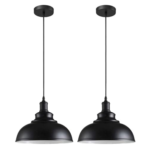 Image of LEDSone Pendant Light Fitting Industrial 95cm Height Adjustable Metal E27 Holder Ceiling Hanging Pendant Lighting for Living Room Bed Room Dining Room Kitchen Hall Ways (Black Inner White - 2 Pack)