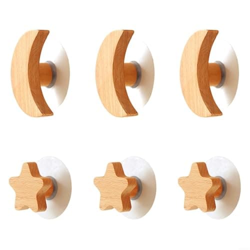 Image of GANCEI 6pcs Star and Moon Wall Hooks, Natural Beech Wood Coat Hanger Set, No Drill Hanging Rack, Whimsical Decor for Home Bedroom Bathroom