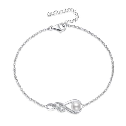 Image of LOCIBLO June Birthstone Bracelets for Women 925 Sterling Silver Pearl Bracelet White Gold Infinity Pendant Jewellery, 6.7"+1.2"