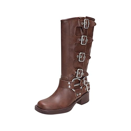 Image of UK 5.5 Extra Wide Calf Riding Boots for Women Knee High Slip on Motorcycle Boots Square Toe Chunky Heel Pull on Buckles Goth Punk Cowboy Boot Metallic Casual Vintage Biker Boot Footwear Brown
