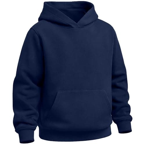 Image of The Fancy Dress Boys Hoodies - Plain Fleece Hooded Jumper PE School Warm Long Sleeve Casual Activewear Hoody For Kids, Navy, 11-12 Years