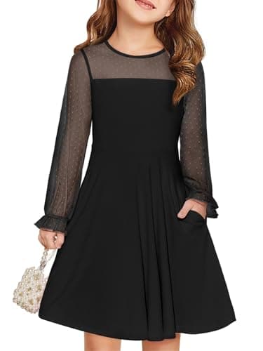 Image of Haloumoning Dresses Girls Festive Princess Dress Kids Contrast Mesh Long Sleeve Puff Summer Dresses Elegant A-line Round Neck Party Dress with Pockets for 6-14 Years, Black, 5-6 Years