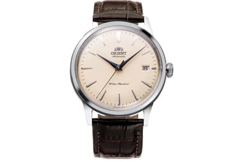 Image of Orient Bambino RA-AC0M Classic Men's Watch with Automatic Hand Winding, Leather Strap, Stainless Steel Case, Analogue Display 38 mm, Brown Strap, Cream dial, Classic