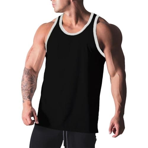 Image of Men's Slim-Fit Plain Tank Top, Contrast Trim Racerback Vest, Lightweight Breathable Casual Undershirt for Summer Sports, Bodybuilding and Leisure Wear(Black, XL)