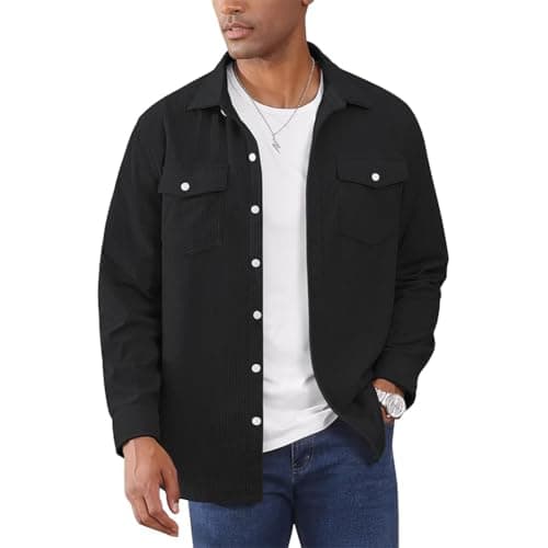 Image of LBL Men's Corduroy Shirt Casual Long Sleeve Shirts Button Down Shacket Jacket with Flap Pockets APH089 Black XXL