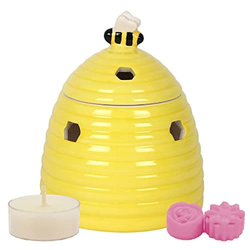 Image of Yellow Beehive Ceramic Oil Burner Wax Melter Starter Gift Set with Two Assorted Highly Scented Soy Wax Melts and One Unscented Soy Wax Tealight Candle