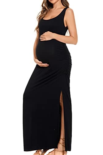 Image of Smallshow Women's Long Maternity Dress Split Sleeveless Pregnancy Clothes,Black,M