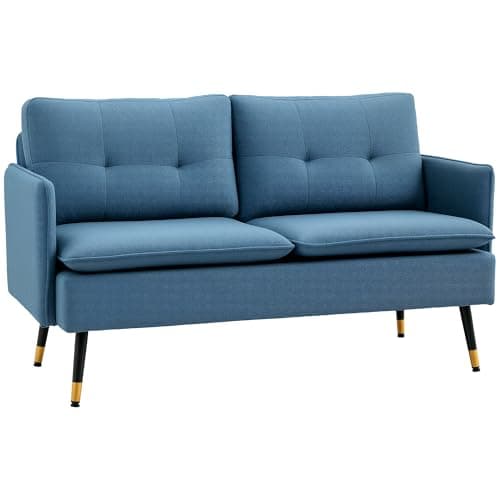 Image of HOMCOM Modern Two Seater Sofa, Button Tufted Loveseat with Cushions and Steel Legs for Living Room, Guest Room, Dark Blue