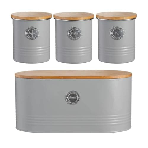 Image of Typhoon Living Kitchen Storage Set, 4-Piece Canister Collection with Bamboo Lids, Grey Metal Containers for Tea Coffee Sugar and Bread (Grey Set of 4)
