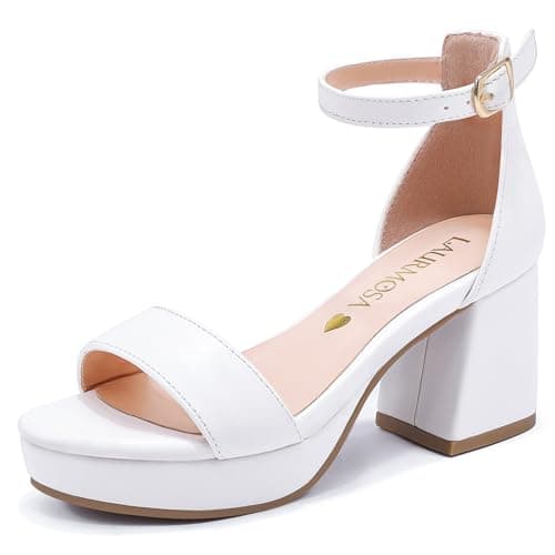 Image of LAURMOSA Girls Sandals Size 2 Kids High Heels for Kids Sandals Flower Girl Shoes for Wedding Girls Party Shoes White Platform Heels Big Girl Teen Block Formal Communion Church Dance (UKL1038PuWhite 2)