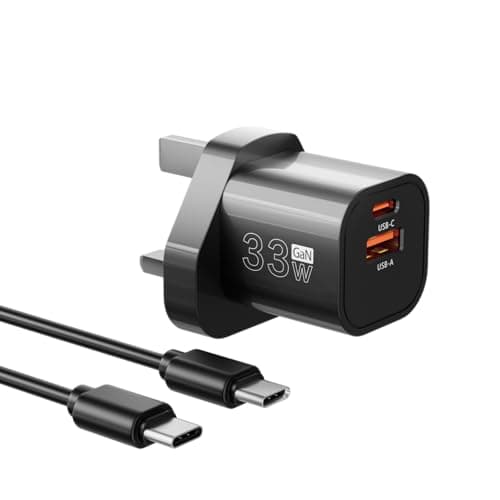 Image of GOLDNEXT USB C Plug 33W GaN UK Charger 2 Port PPS Fast Charging PD 3.0&QC4 with 3.3ft USB C Cable Compatible with iPhone 16/15/14 Pro Max, iPad Pro/Air/Mini, Galaxy S24/S23, Pixel 9/8/7 Pro (Black)