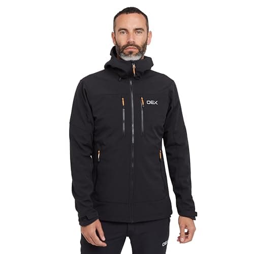 Image of OEX Men’s Kirkton Softshell Jacket with Full Adjustable Hood & Wired Peak, Windproof, Water Resistant & Breathable Mountain Fit Technical Coat (UK, Alpha, L, Regular, Regular, Black)