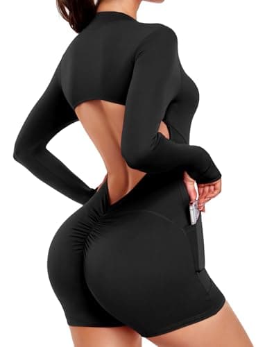 Image of STARBILD Women's Short Jumpsuit with Pockets Backless V Scrunch, Long Sleeve with Thumb Holes, Front Zip Playsuits Cutout Back, One Piece Rompers Booty Lift with Removable Pads, Essential Black XS
