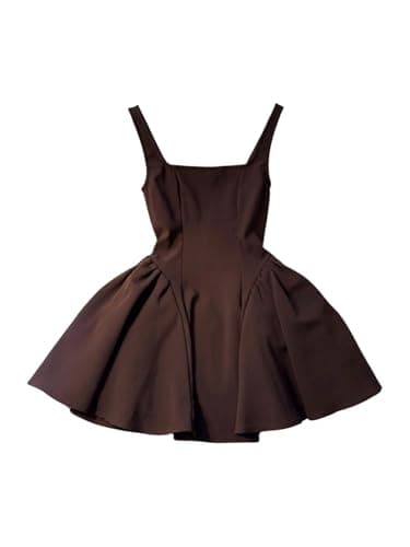 Image of GORGLITTER Party Dresses for Women UK Square Neck A Line Swing Mini Sundress Ruffle Birthday Date Night Dress Brown Large