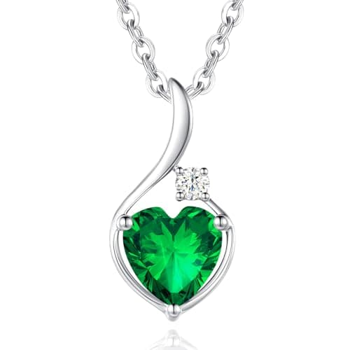 Image of FANCIME 14 Carat Solid White Gold May Birthstone Pendant Necklace, Heart Created Emerald Pendant with 0.033 Ct Diamond Necklace, 925 Sterling Silver Chain, Fine Jewellery Gift for Women Her