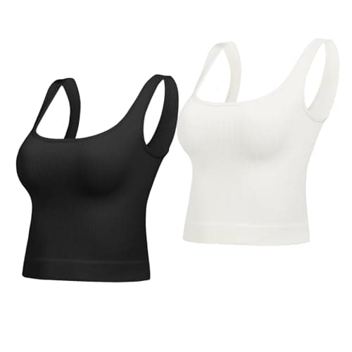 Image of Lemef Crop Tops for Women Basic Seamless Ribbed Tank Top Square Neck Summer Teens Top Cute Workout Top Black White S