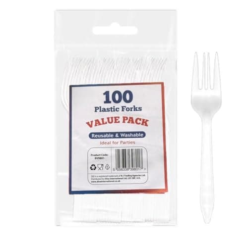 Image of PARTY2U ® 100 Pack White Reusable & Washable Plastic Forks, Heavy Duty, Cutlery Table Forks and Business comercial Tableware and Dinnerware