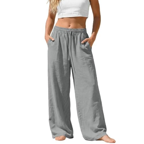 Image of Womens Linen Trousers Summer Baggy Wide Leg Pants Ladies Elastic Waist Light Weight Trousers for Women with Pockets Loose Fit, Grey M