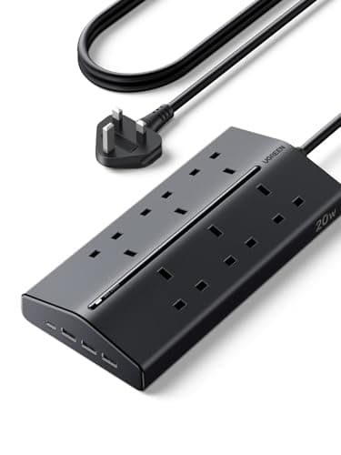 Image of UGREEN Extension Lead with USB Slots, 6 Way Power Strip with 1 USB C & 3 USB A, 15° Angled Plug Extension Socket with 1.5M Extension Cable, Slim Black Extension Plug for Home Office Desk Setup