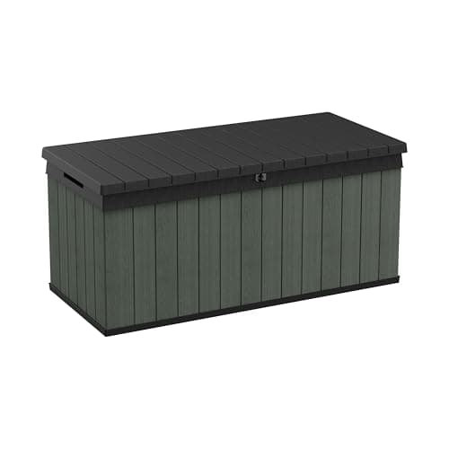 Image of Keter Darwin 454L Outdoor Storage Box – Green | Lockable Weatherproof Garden Deck Box & Bench | Evotech™ Wood-Effect Composite | Hydraulic Lid | Seats 2 Adults | Durable, Maintenance-Free Construction