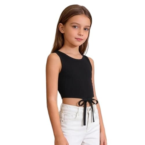 Image of Teen Girls Soft Cotton Sports Vest Tank Tops Youth Kids Cute Summer Athletic Sleeveless Tie Front Shirts Slim Fit Workout Crop Tops for Running Yoga Dance (Black, 11-12 Years)