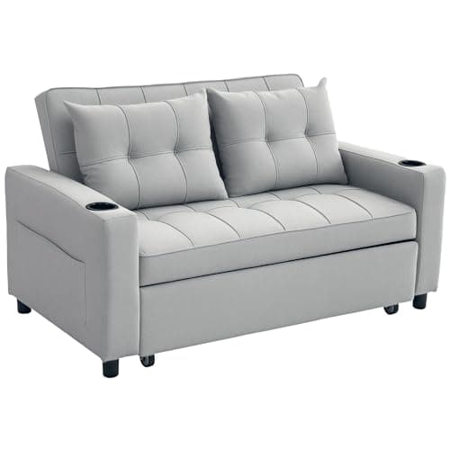 Image of HOMCOM 3-in-1 2 Seater Sofa Bed, Convertible Sleeper Sofa with Adjustable Backrest, Fabric Pull Out Loveseat Bed with 2 Pillows, Side Pockets and Cup Holders for Living Room, Bedroom, Light Grey