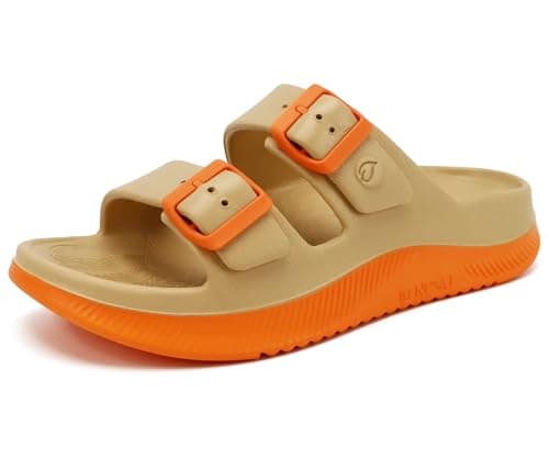Image of ONCAI Womens Recovery Sandals 2026 with Arch Support Plantar Fasciitis Orthotic Adjustable Buckle Open Toe Thick Cushion Outdoor Sport Slides Athletic Comfort Rubber Soles Beige/Orange Size UK 8