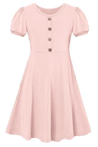 Image of SFreeBo Kids Girls Dresses Pink Dress Girls Cotton Summer Lantern Short Sleeve Midi Dress Girls Casual A-line Dress 11-12 Years