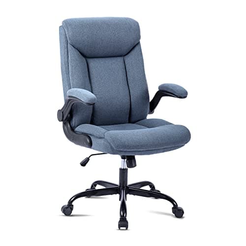 Image of MZLEE Fabric Office Chair for Home Office, Ergonomic Heavy Duty Desk Chair with Flip-up Arms & Lumbar Support, Comfortable Padded Swivel Computer Chair for Bedroom Study, 150KG Capacity, Navy Blue