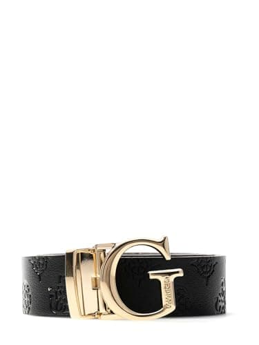 Image of Guess Women's Belt with G Logo, Black Leather with Embossed Pattern, Gold Buckle, Reversible, Black/Lilac, M