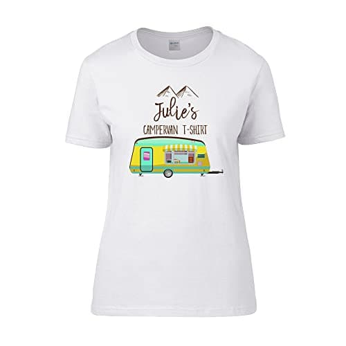 Image of Getagift Personalised Campervan Black & White Colour Women Short Sleeve Cotton T-Shirt, Happy Campers, Friend, Birthday, Vacation, Holiday. (S, White)