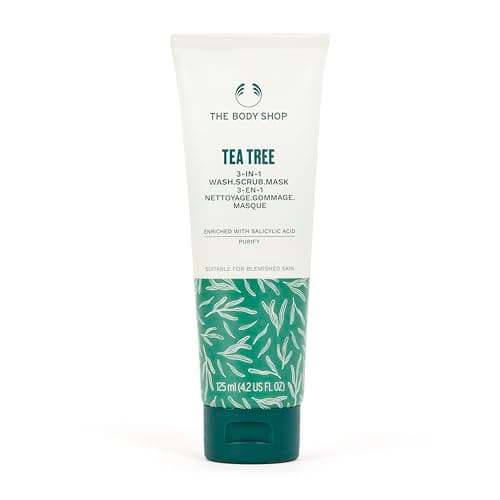 Image of The Body Shop Tea Tree 3-in-1 Wash, Scrub & Mask (1x 125ml), Face Cleanser for Blemished Skin, With Tea Tree Oil & Salicylic Acid, Purifies, Exfoliates & Clarifies, Suitable for Blemished Skin