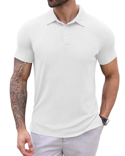 Image of QIXING Mens Polo Shirts Short Sleeve Breathable Quick Dry Golf Shirts Summer Casual Work Knit Stretch Tops for Men Adult UK(White, L)