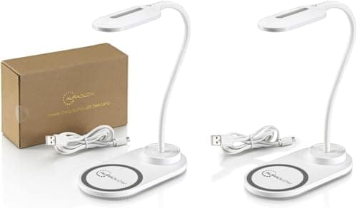 Image of Auraglow LED Flexible Neck Desk Lamp with 3 Colour Modes and 10W Wireless Smart Phone Qi Fast Charger - White (Two Pack)