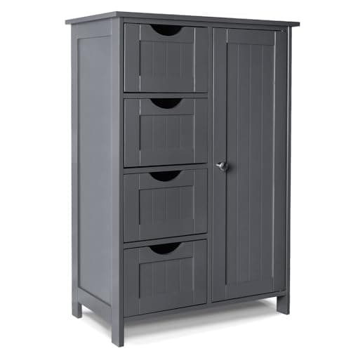 Image of VOUNOT® Bathroom Floor Storage Cabinet, Freestanding Storage Unit with Adjustable Shelf, 4 Drawers & Door, for Bedroom, Kitchen, Living Room, Entryway, Grey