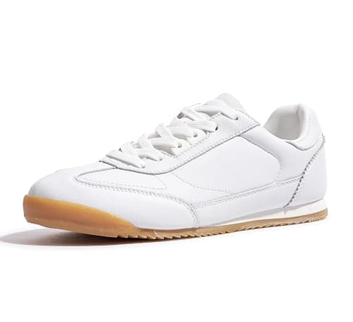 Image of LUCKY STEP Women's Leather Flats Fashion Sneakers Lace Up Tennis Casual Shoes (White, 8US-38EU-5UK)