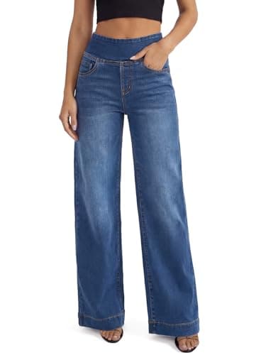 Image of UCOOLYN Pull On Wide Leg Jeans for Women, High Waisted Tummy Control Stretchy Baggy Trendy Straight Denim Pants with Pockets for Work Dark Blue