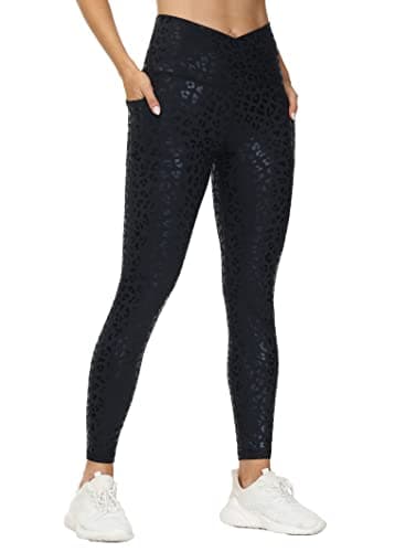 Image of THE GYM PEOPLE Women's V Cross High Waist Yoga Leggings with Pockets, Tummy Control Yoga Pants for Ladies Gym Sports Running, Black Leopard, L