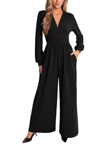 Image of CUPSHE Womens Jumpsuit Plunging V Neck Long Puff Sleeve Overall Wide Leg Elegant Playsuit with Pockets Black M