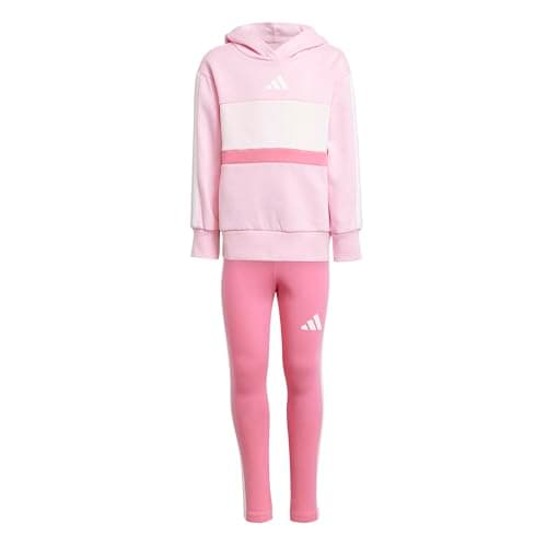 Image of adidas Girl's SEASONAL ESSENTIALS TIBERIO 3 STRIPES FLEECE LEGGINGS SET, true pink/white/clear pink, 5-6 Years
