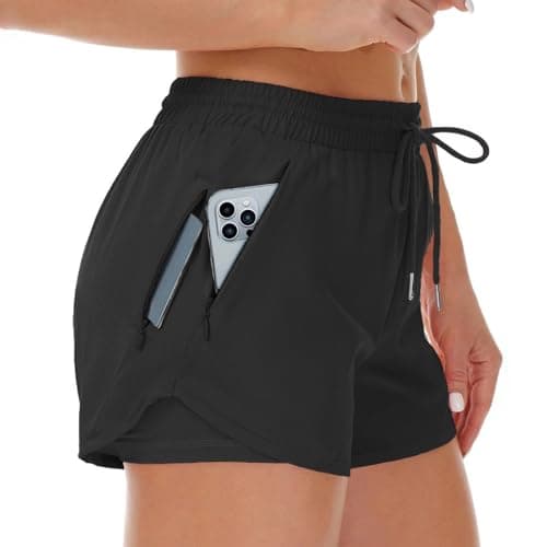 Image of Cheerful Mario 2 in 1 Women's Running Shorts Summer Ladies Activewear with Adjustable Drawstring Waist 2 Side Zipper Pocket Quick Dry Black S
