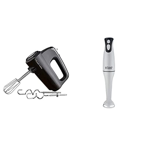 Image of Russell Hobbs 24672 Desire Hand Mixer, Electric Hand Whisk and Dough Mixer Attachments, Matte Black, 350 W & 22241 Food Collection Hand Blender, 200 W - White
