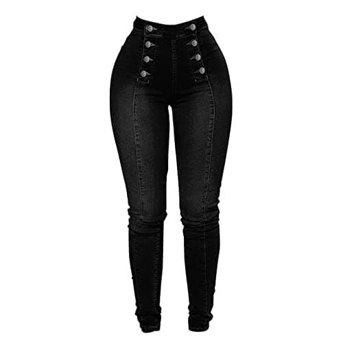 Image of Womens High Waisted Stretchy Skinny Colombian Jeans Double Breasted Curvy Slim Fit Totally Shaping Butt Lifting Tummy Control Denim Jean Leggings with Pockets Black