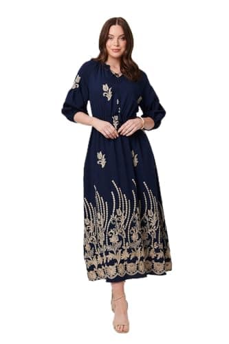 Image of Izabel London Floral Embroidered 3/4 Sleeve Maxi Dress for Women UK with a Relaxed fit and a Tassel tie Neck. Navy