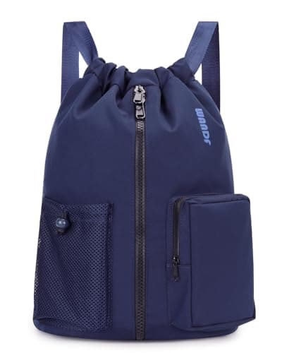 Image of WANDF Drawstring Backpack Sports Gym Bag with Shoes Compartment, Water-Resistant String Beach Sackpack Swim Bag for Women and Men (Navy Blue)