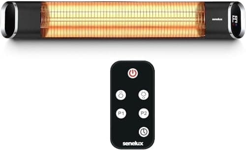 Image of Senelux Electric Infrared Patio Heater Wall Mounted 2000W | IP65 Water-Resistant Heater for Indoor & Outdoor Use | Remote Control | Adjustable Timer & 9 Heat Levels | LED Display | Energy Efficient
