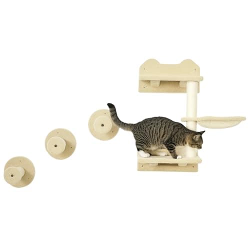 Image of PawHut 4 Piece Cat Shelves, Cat Wall Furniture with Hammock, Steps, Jumping Platforms, Scratching Posts, Wall Mounted Kitty Tree for Indoor Kittens, Beige