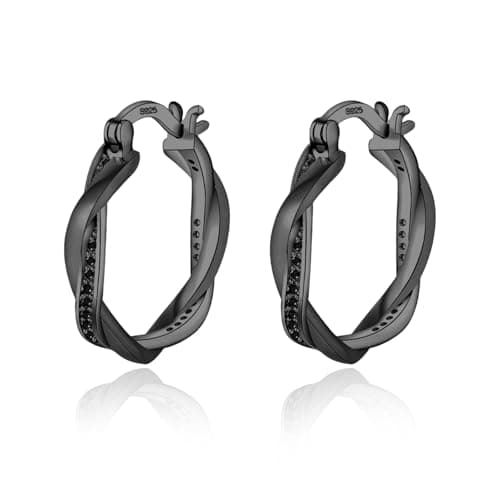 Image of Sterling Silver Hoop Earrings, Black Twisted Hoop Earrings for Women, Silver Jewellery for Women Hypoallergenic Earring, 20mm Black Cubic Zirconia Women Jewellery Gifts for Valentines Mothers Day